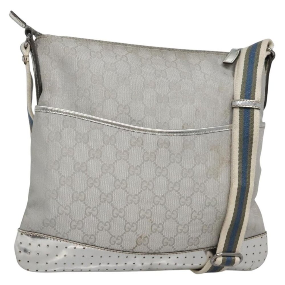 Authentic GUCCI GG Canvas Shoulder Bag Silver 145857